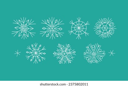 Conjunto de copos de nieve de doodle. Decoración navideña de Año Nuevo. Invierno, frío, temporada, hielo. Ilustración vectorial de invierno, fondo aislado.