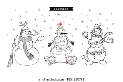 Set of doodle snowmen. Cute hand-drawn 3 smiling snowmen are standing under the snowflakes. Birds are sitting on it, in a garland and felt boots, wishes a Merry Christmas. Vector stock illustration.
