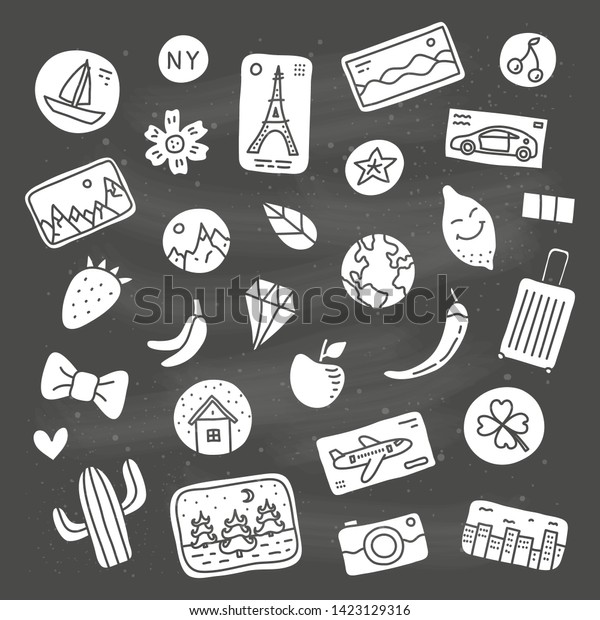 Set of doodle souvenir magnets or stickers\
isolated on chalkboard\
background.