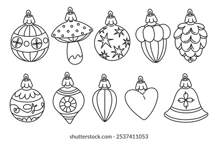 set of doodle Soviet Christmas tree toys of various shapes. Glass toys. illustration is made in vintage colors, various objects, forest motifs. Festive decor items for decorating the Christmas tree
