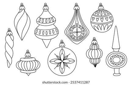 set of doodle Soviet Christmas tree toys of various shapes. Glass toys. illustration is made in contour, objects are round, elongated, and cute. Festive decor items for decorating the Christmas tree