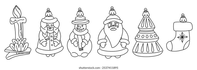 A set of doodle Soviet Christmas tree toys. Glass toys. Snowman, Santa Claus, snow maiden, nutcracker, Christmas tree, candle, sock, vintage illustration. Festive decorations for the Christmas tree