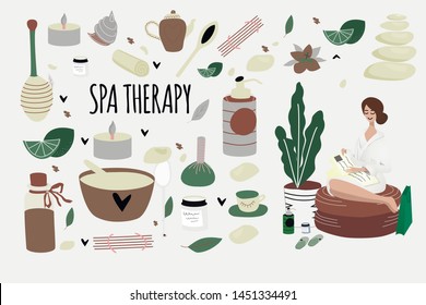 Set of doodle spa elements and young girl reading magazine after aromatherapy, honey therapy, body care, Thai massage, meditation. Beauty salon, wellness center poster, banner. Hand drawn concept