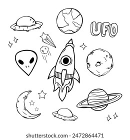 Set of doodle space elements. Black objects on white background. hand draw vector illustration style.