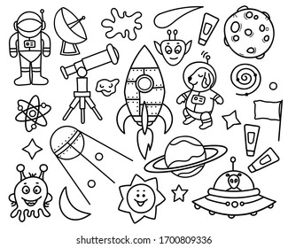 Set of Doodle Space Elements. Hand drawn Vector Illustration. Line and Outline Cosmos Collection. Astronomy objects for web, design, graphic. Isolated on white background.