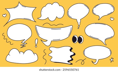Set of doodle speech bubble with text. Cartoon isolated vector illustration.