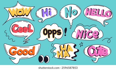 Set of doodle speech bubble with text. Chat design element in funky groovy style. Cartoon isolated vector illustration.