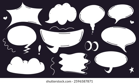 Set of doodle speech bubble with text. Cartoon isolated vector illustration.