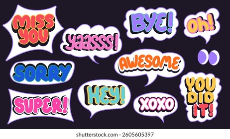 Set of doodle speech bubble with text. Chat design element in funky groovy style. Cartoon isolated vector illustration.