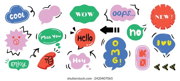 Set aus Doodle und Sprache-Blase-Vektorgrafik. Sammlung zeitgenössischer Figur, Sprechblase mit Text, Pfeil, Hand in trendigen Groovy Stil. Chat Design Element perfekt für Banner, Druck, Aufkleber.