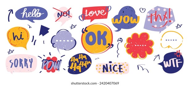 Set of doodle and speech bubble vector. Collection of contemporary figure, speech bubble with text, arrow, star, heart in funky groovy style. Chat design element perfect for banner, print, sticker.