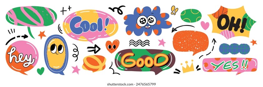 Set of doodle and speech bubble vector. Collection of contemporary figure, speech bubble with text, arrow in funky groovy style. Chat design element perfect for banner, print, sticker.