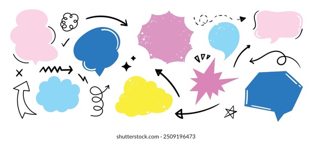 Set of doodle and speech bubble vector. Collection of contemporary figure, speech bubble, arrow in funky groovy style. Chat design element perfect for banner, print, sticker, cartoon.