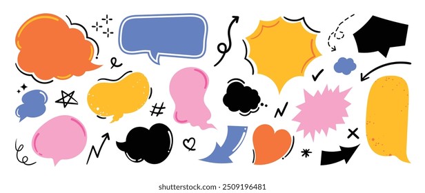 Set of doodle and speech bubble vector. Collection of contemporary figure, speech bubble, arrow in funky groovy style. Chat design element perfect for banner, print, sticker, cartoon.