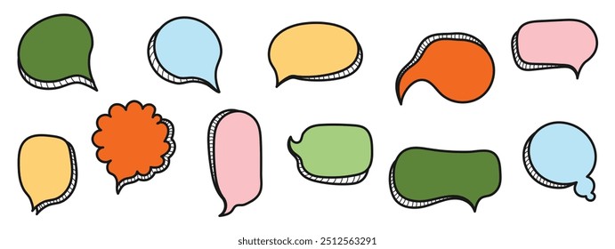 Set of doodle and speech bubble vector. Collection of contemporary figure, speech bubble in funky groovy style. Chat design element perfect for banner, print, sticker, cartoon.