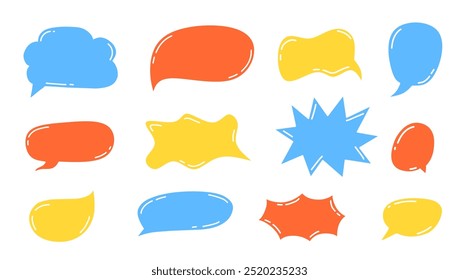 Set of doodle and speech bubble vector. Collection of contemporary figure, speech bubble with text, arrow in funky groovy style. Chat design element perfect for banner, print, sticker