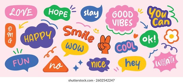 Set of doodle and speech bubble vector. Collection of contemporary figure, speech bubble with text good vibes, happy, love, cool. Chat design element for banner, print, sticker.