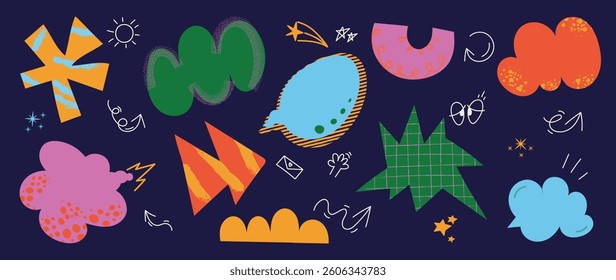 Set of doodle and speech bubble vector. Collection of contemporary figure, speech bubble, arrow, sparkle, crown. Chat design element perfect for banner, print, sticker, cartoon, comic.