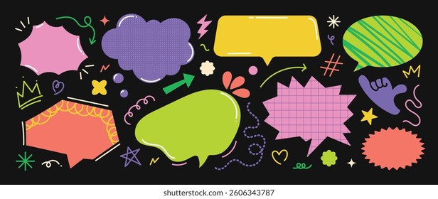 Set of doodle and speech bubble vector. Collection of contemporary figure, speech bubble, arrow, sparkle, crown. Chat design element perfect for banner, print, sticker, cartoon, comic.