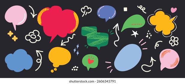 Set of doodle and speech bubble vector. Collection of contemporary figure, speech bubble, arrow, sparkle, crown. Chat design element perfect for banner, print, sticker, cartoon, comic.