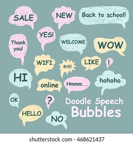 Set of doodle speech bubbles on a green background with different inscriptions in the middle. Vector illustration