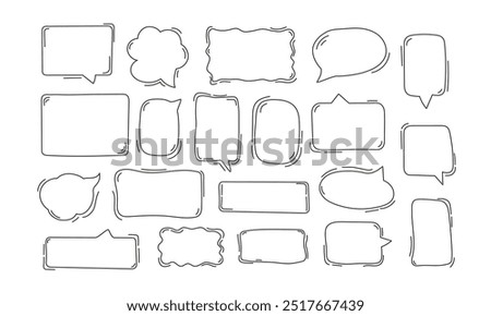 Set of doodle speech bubbles and text boxes. Linear frames, rectangles and geometric shapes. Vector illustration. Dialog cloud template, talk or think symbol, chat form.