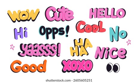 Set of doodle speech thoughts letterings with text. Chat design element in funky groovy style. Cartoon isolated vector illustration.