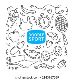 Set of doodle sports illustrations. Sportswear and equipment. Isolated on a white background.