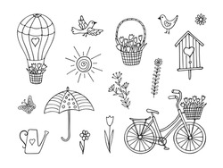 Set Of Doodle Spring Elements Isolated On White Background. Hand Drawn Vector Illustration Of Bike, Balloon, Basket, Tulip, Bird, Umbrella And Birdhouse. Good For Kids Coloring Book And Other Springti