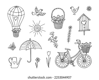 Set of doodle spring elements isolated on white background. Hand drawn vector illustration of bike, balloon, basket, tulip, bird, umbrella and birdhouse. Good for kids Coloring book and other springti