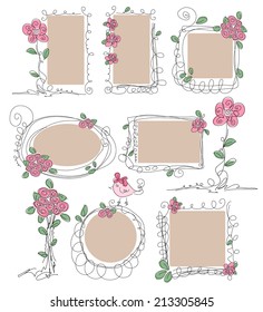 Set of doodle spring frames with flowers
