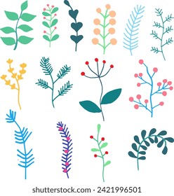 Conjunto de plantas de resorte de doodle para tarjetas,tarjetas de invitación.Elementos para el diseño.Ilustración vectorial