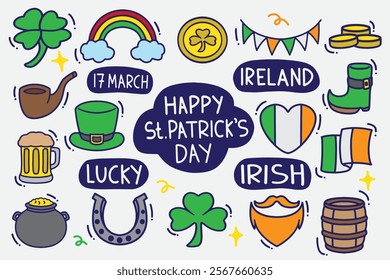 set of doodle st. patrick day with color good for sticker, background, element design, wallpaper, icon, etc