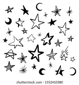 Set doodle stars. Collection of black hand drawn stars and crescent. Vector illustration, isolated on white.