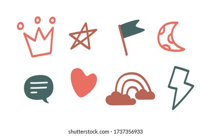 A set of doodle sticker icons. Cute icons drawn by hand. Vector graphics crown, chat, cloud, rainbow, lightning, flag and heart icons