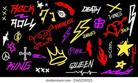 Set of Doodle sticker rock and roll theme featuring handrawn elements flames, skulls, stars, music notes, and playful typography in vibrant neon colors on a black background