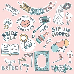 Set Of Doodle Stickers For Bachelorette Party. Selfie Stick, Balloons, Props, Veil, Champagne, Diamond Rings, Book, She Said Yes, Kiss The Miss Goodbye, Sip Sip Hooray, Team Bride, Bride To Be.