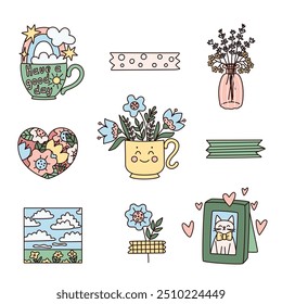 Set of doodle stickers for decorating planners diary or to do list. Hand drawn vector illustration.