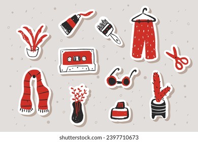 Set doodle Aufkleber mit Retro-Thema. Stilvolle, handgezeichnete Vektorgrafik für Journalisten, Tagesplaner und Tagebücher. Aufkleber-Vorlage.