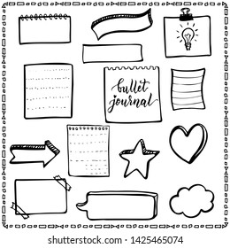 Set of Doodle Sticky Notes. Bullet Journal Ideas. Cute And Drawn Banners isolated on white background.