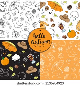 Set of doodle stile with autumn items collection seamless pattern