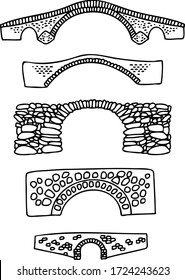 Set of doodle stone bridge location related outline icons. Hand drawn vector stock illustrations included different types of old stone bridge icons, isolated on white background.