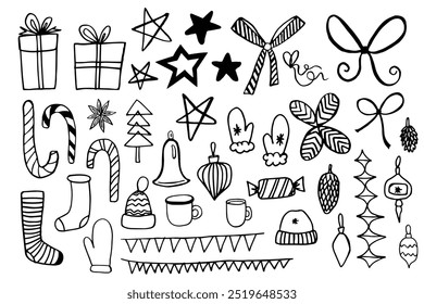 set of doodle stuff for the new year: stars, bows, Christmas tree decorations, candies, hats, flags, pine cones, gifts, star anise, socks, mugs, mittens