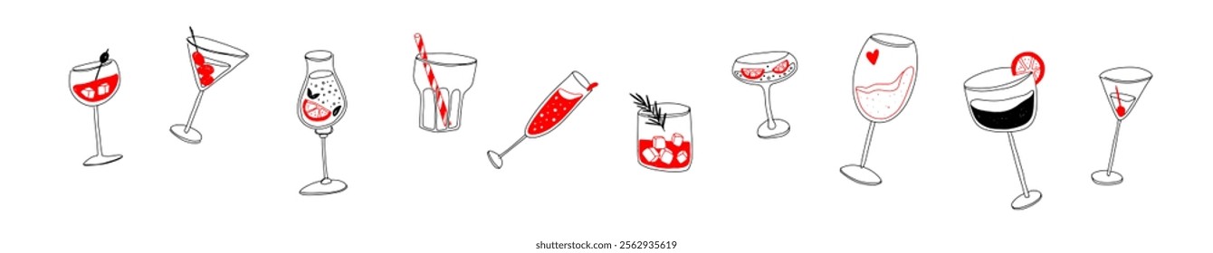 A set of doodle style alcohol glasses. Line illustration of glasses hand drawn on white background. Wine