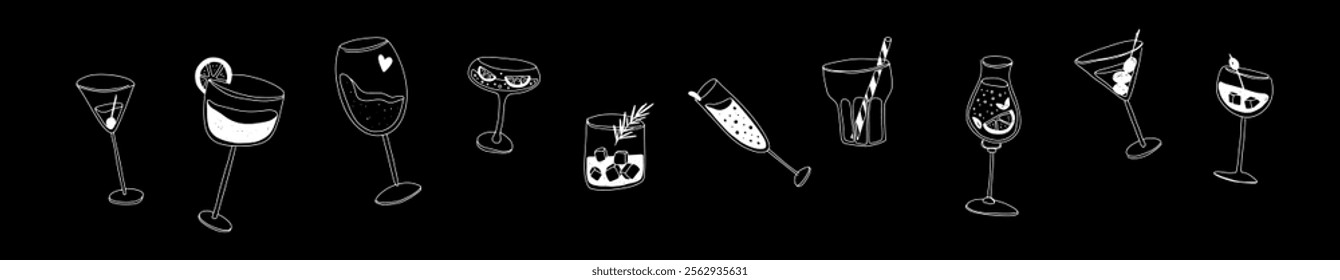 A set of doodle style alcohol glasses. Line illustration of glasses hand drawn on black background.