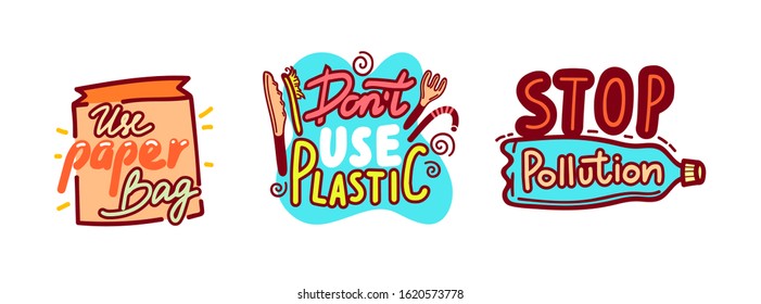Set of Doodle Style Badges with Typography Use Paper Bags, Don't Use Plastic, Stop Pollution Isolated on White Background. Creative Labels and Icons for Ecology Protection. Vector Illustration