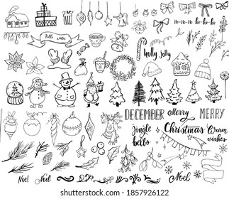 Set of doodle style christmas elements isolated on white background.