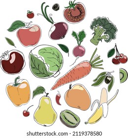 Set of doodle style colorful fruits and vegetables isolated on white background