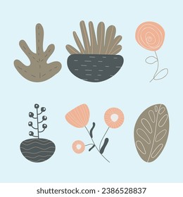 A set in doodle style, consisting of flowers, indoor plants in baskets and leaves of different shapes. Vector illustration EPS10