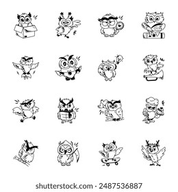 Set of Doodle Style Cute Owl Characters 


